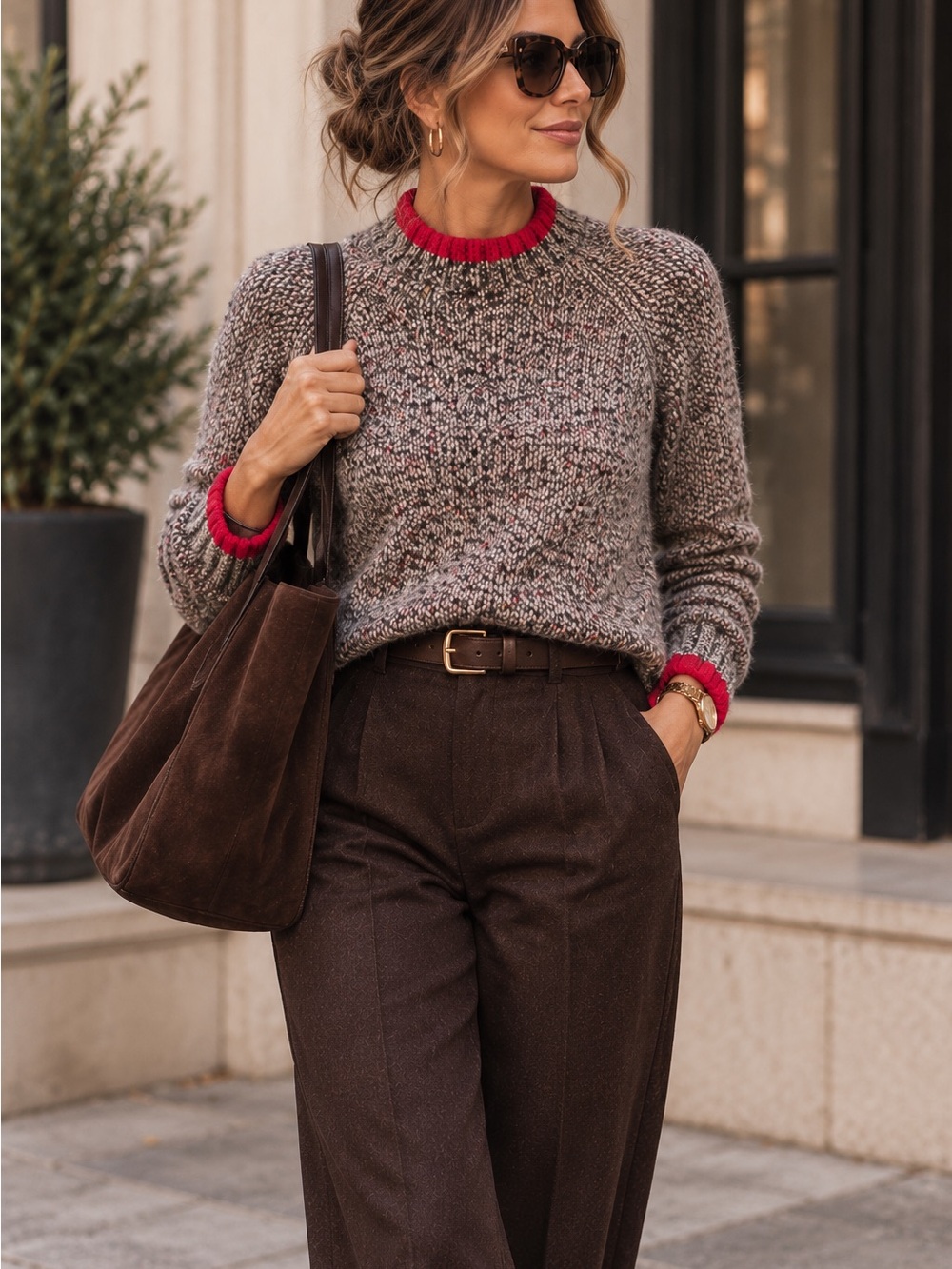 Rachel Zoe Small Wool Silk Blend Speckled Sweater Red Trim Donegal Knit
